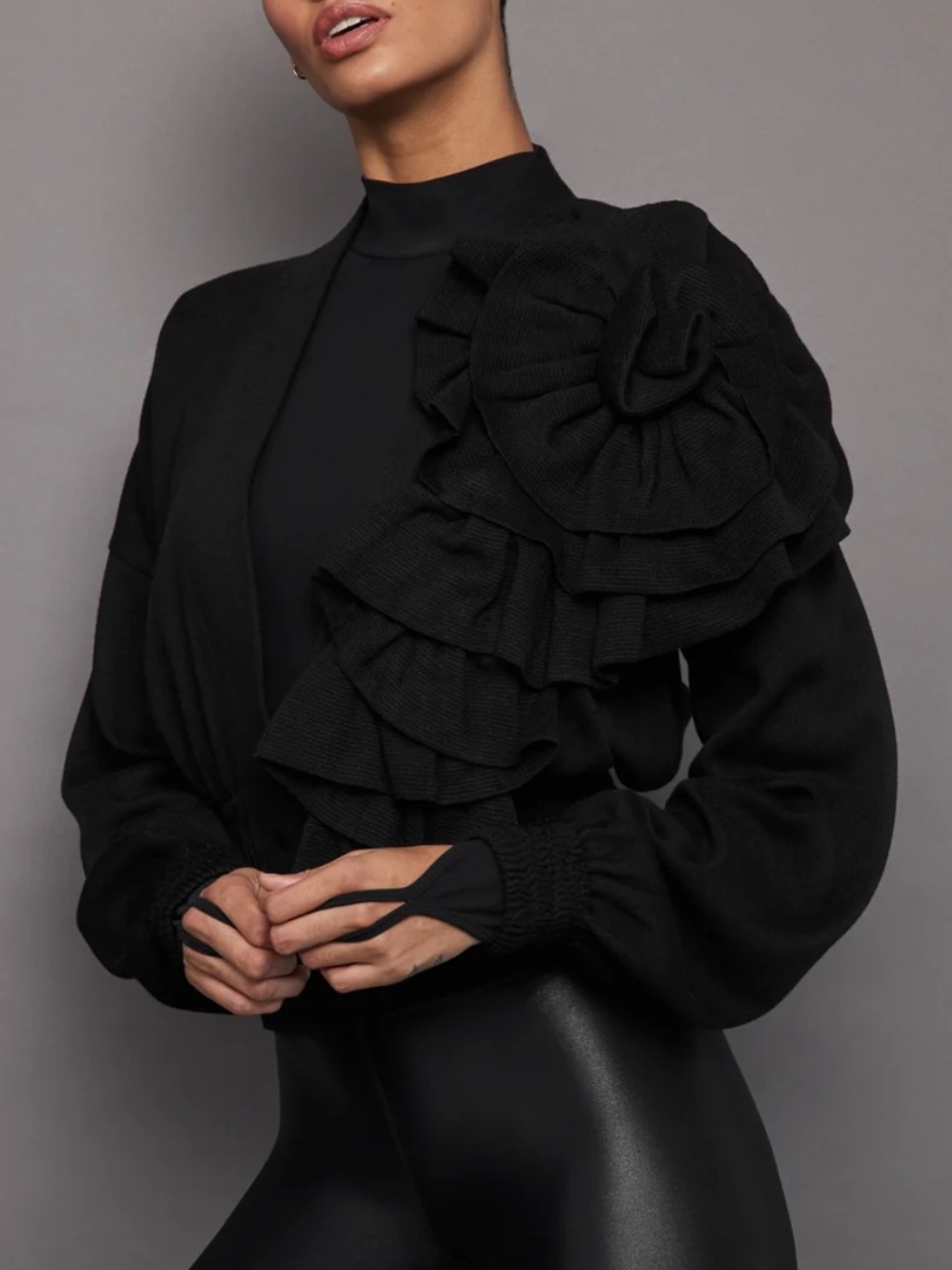 Theo The Label Black Cropped Nomia Rosette Appliqué Cardigan